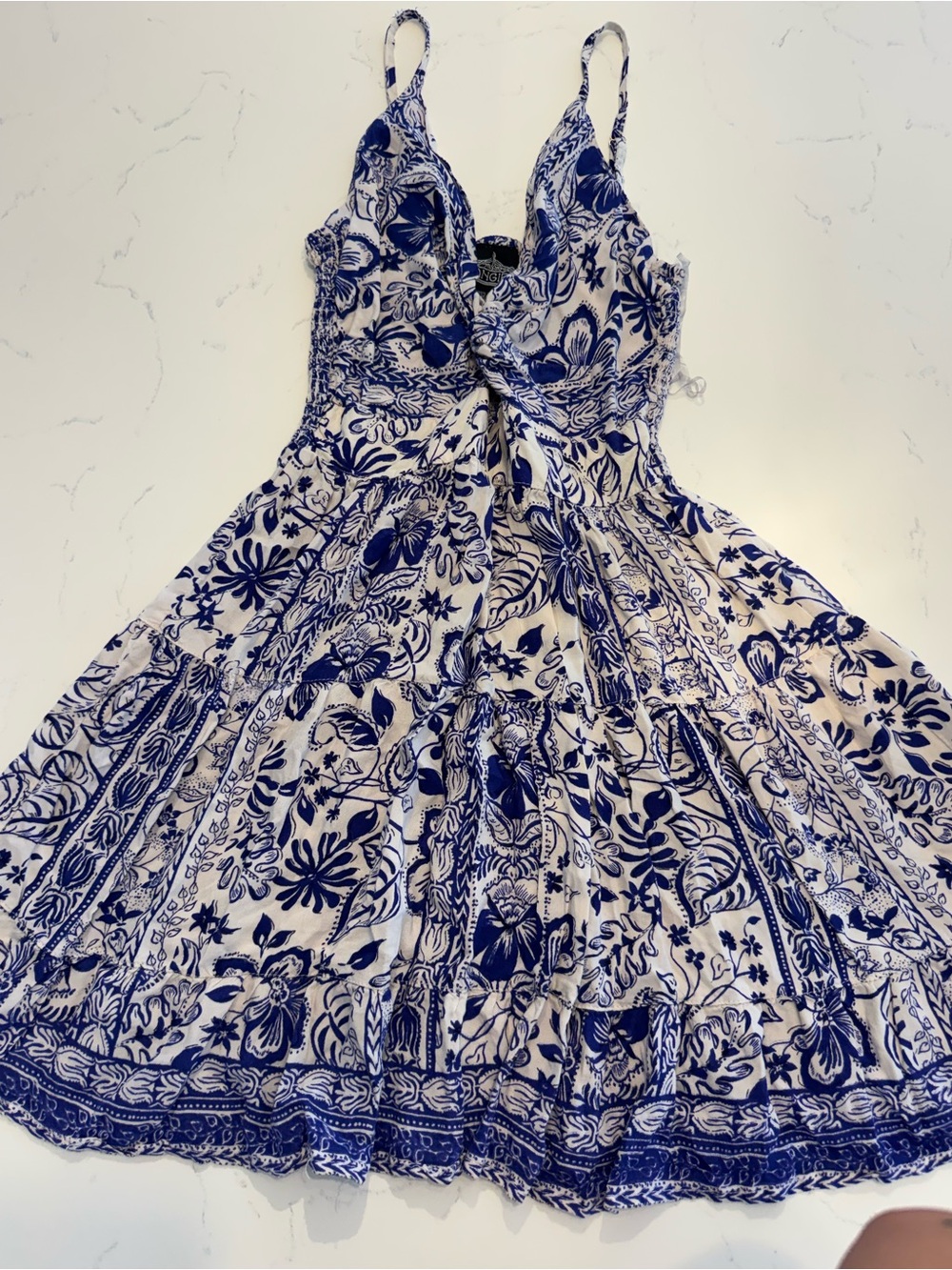 Angie White and Blue Floral Mini Summer Dress